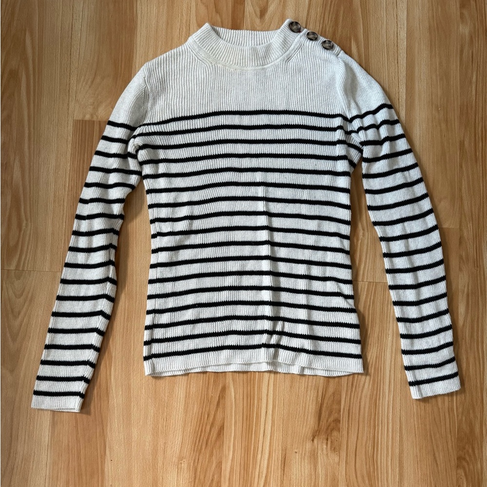 GAP Black and White Striped Button-Shoulder Sweater